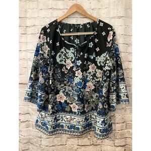 Hannah Top Womens Large Tunic Black Floral Tie Scoop Neck Flared Sleeve Butterfl